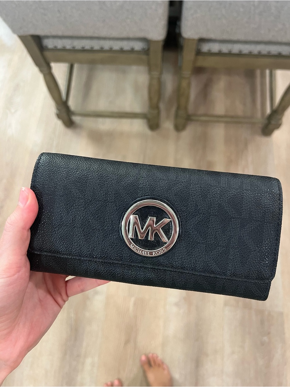 Michael Kors Black Continental Wallet with Silver MK Logo